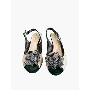 Anne Klein White & Black Slingback Heels With Striped Flower Detail & 3" Heels -
